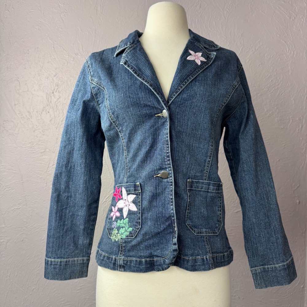 Vintage y2k Medium floral embroidered denim blazer jacket bedazzled pink flowers